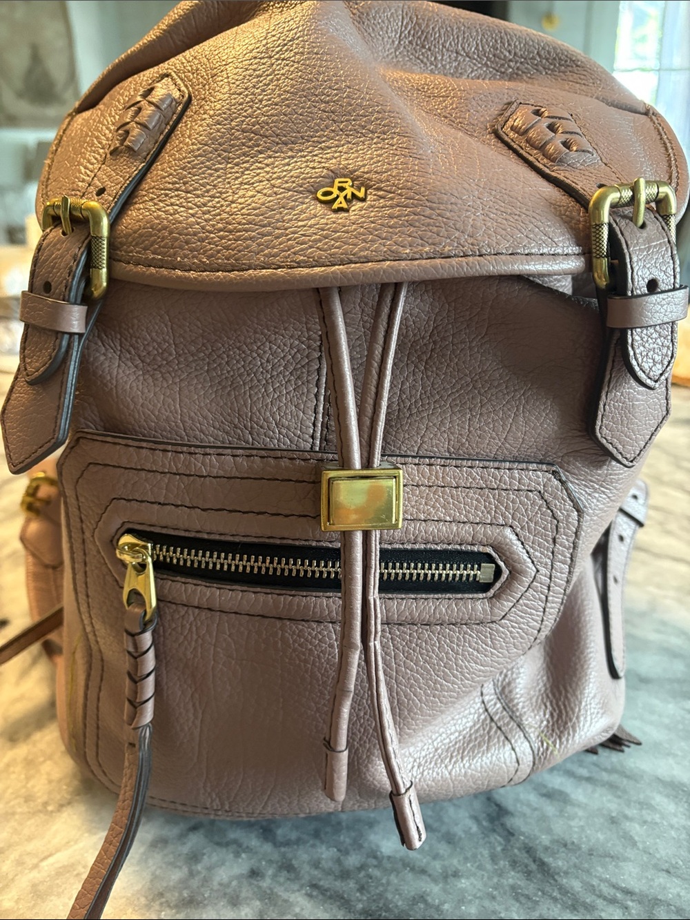 OrYany Blush Taupe Pebbled Leather Drawstring Backpack